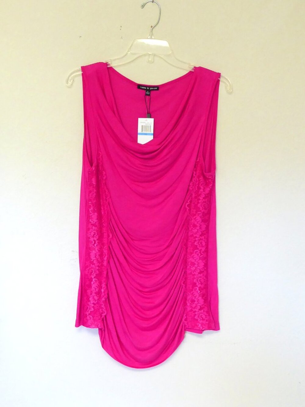 New with tags Cable and Gauge hot pink fuchsia draped lace trim tank top size XL